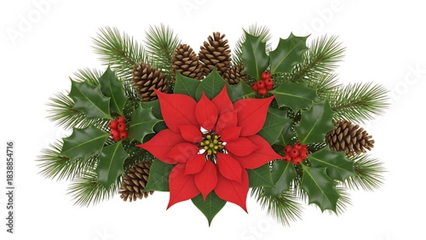 Obraz Christmas Decoration Arrangement with Poinsettia Holly Pine Cones and Evergreen Branches