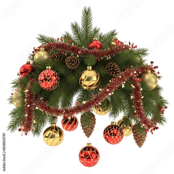 Obraz Christmas decoration with ornaments pine cones and garland on transparent background