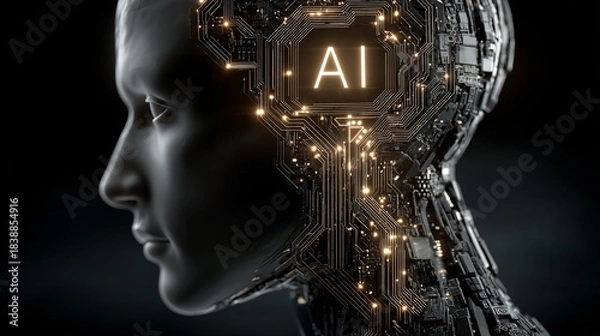 Fototapeta Artificial intelligence brain with glowing circuits.