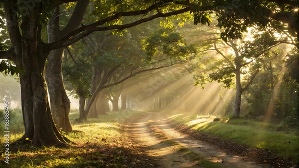 Fototapeta Sunlight beams through trees on a country road