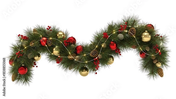 Obraz Christmas Garland Decoration with Pine Branches Ornaments and Lights on Black Background