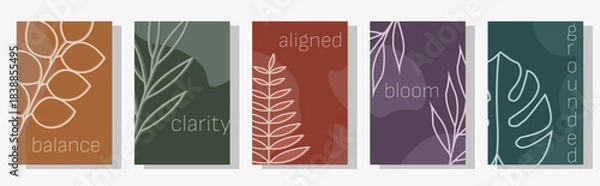 Fototapeta Minimal Botanical Wellness Cards Set – Abstract Leaf Line Art on Earthy Color Backgrounds