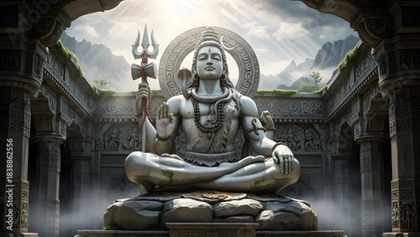 Fototapeta Epic Stone Statue of Lord Shiva in Ancient Temple with Dramatic Lighting and Sacred Atmosphere – Detailed Hindu Architecture, Mystical Spiritual Scene, Divine Meditation Energy