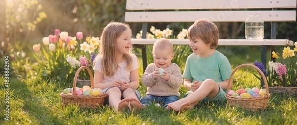 Obraz Children enjoy Easter egg hunt in garden during spring afternoon