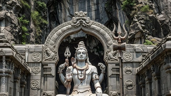 Fototapeta Epic Stone Statue of Lord Shiva in Ancient Temple with Dramatic Lighting and Sacred Atmosphere – Detailed Hindu Architecture, Mystical Spiritual Scene, Divine Meditation Energy