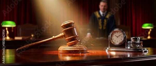 Obraz Courtroom scene with judge and gavel during legal proceedings