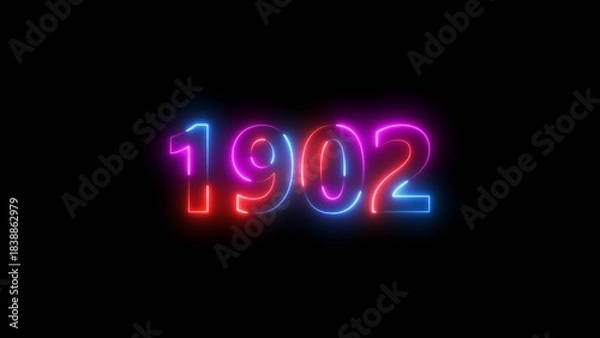 Obraz 1902 Sal number neon bright colorful 4k illustration. Clock icon 1902-year beautiful neon text concept on black background.