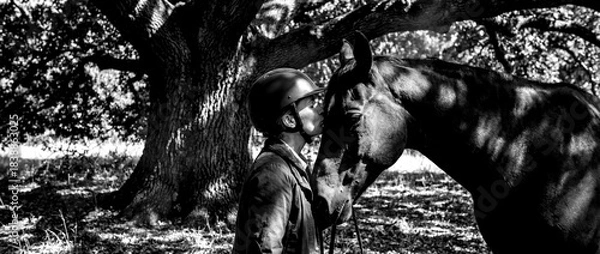 Obraz Soldier and horse share a moment under trees in bright sunlight