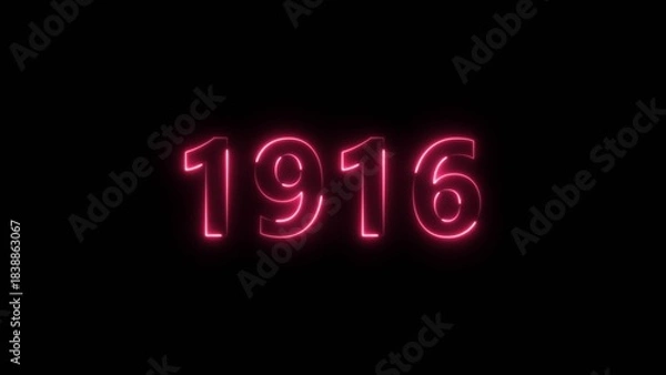 Obraz 1916 Sal neon bright number magenta red color 4k illustration. Clock icon 1916-year beautiful neon text concept on black background.