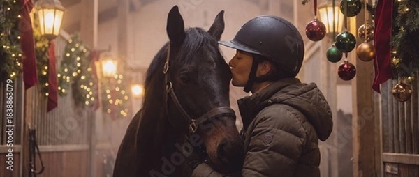 Obraz Person shares a moment with horse in stable during evening
