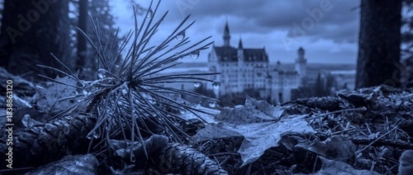 Obraz Pine needles and castle in the forest during cloudy weather