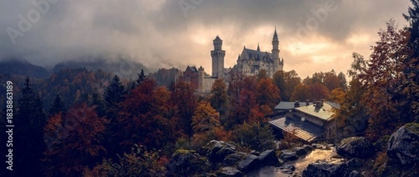 Obraz Castle on a hill surrounded by trees at sunset in autumn