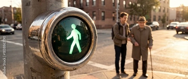 Obraz Two people cross the street at a green pedestrian signal