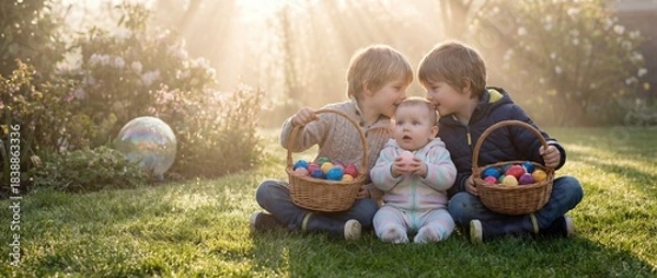 Obraz Two children sit with a baby in a garden during daytime