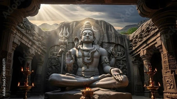 Fototapeta Epic Stone Statue of Lord Shiva in Ancient Temple with Dramatic Lighting and Sacred Atmosphere – Detailed Hindu Architecture, Mystical Spiritual Scene, Divine Meditation Energy