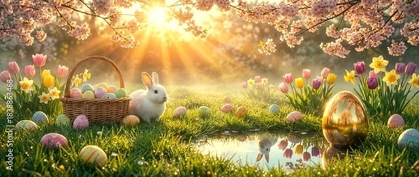 Obraz Easter celebration with bunny, eggs, and flowers in a garden