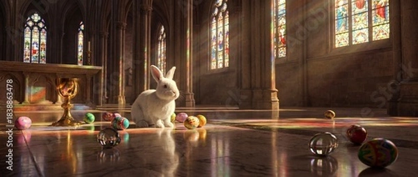 Obraz White rabbit sits in quiet church with colored eggs on floor