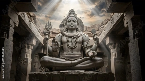 Fototapeta Epic Stone Statue of Lord Shiva in Ancient Temple with Dramatic Lighting and Sacred Atmosphere – Detailed Hindu Architecture, Mystical Spiritual Scene, Divine Meditation Energy