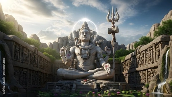 Fototapeta Epic Stone Statue of Lord Shiva in Ancient Temple with Dramatic Lighting and Sacred Atmosphere – Detailed Hindu Architecture, Mystical Spiritual Scene, Divine Meditation Energy