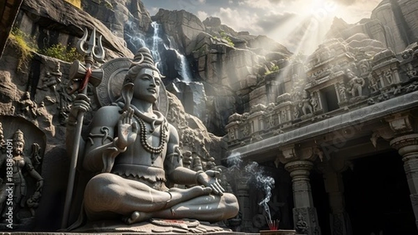 Fototapeta Epic Stone Statue of Lord Shiva in Ancient Temple with Dramatic Lighting and Sacred Atmosphere – Detailed Hindu Architecture, Mystical Spiritual Scene, Divine Meditation Energy