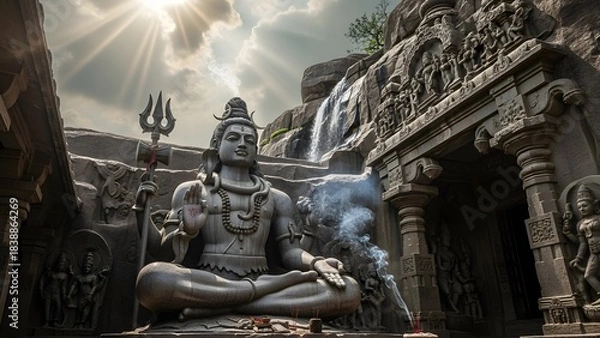 Fototapeta Epic Stone Statue of Lord Shiva in Ancient Temple with Dramatic Lighting and Sacred Atmosphere – Detailed Hindu Architecture, Mystical Spiritual Scene, Divine Meditation Energy