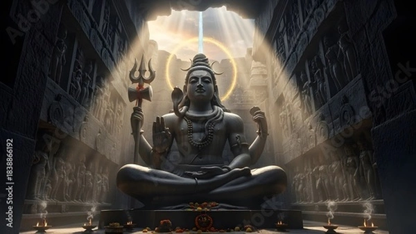 Fototapeta Epic Stone Statue of Lord Shiva in Ancient Temple with Dramatic Lighting and Sacred Atmosphere – Detailed Hindu Architecture, Mystical Spiritual Scene, Divine Meditation Energy