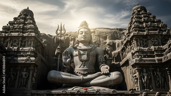 Fototapeta Epic Stone Statue of Lord Shiva in Ancient Temple with Dramatic Lighting and Sacred Atmosphere – Detailed Hindu Architecture, Mystical Spiritual Scene, Divine Meditation Energy