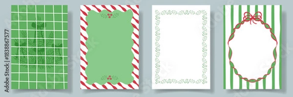 Obraz Christmas Hand drawn frame set with red bows, whimiscal lines, holly and with branches Christmas tree, mistletoe, in coquette style. Trendy holiday Xmas borders for poster, card, invitation.