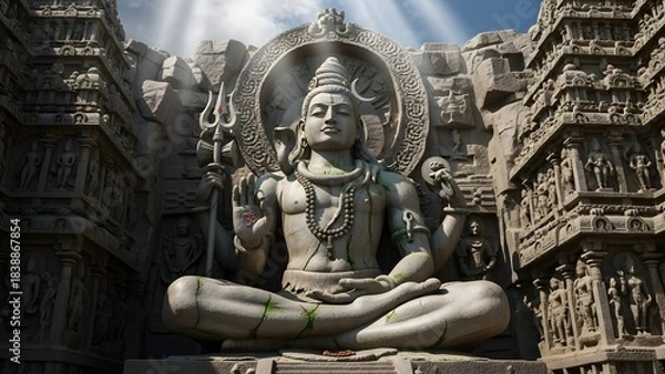 Fototapeta Epic Stone Statue of Lord Shiva in Ancient Temple with Dramatic Lighting and Sacred Atmosphere – Detailed Hindu Architecture, Mystical Spiritual Scene, Divine Meditation Energy
