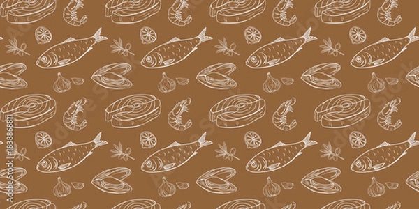 Obraz Eco Mediterranean seafood pattern on kraft paper background featuring fish, sardine, shrimp, mussel, olive, garlic and lemon. Natural recycled look ideal for packaging, branding, eco-friendly design.