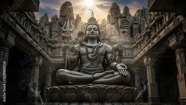 Fototapeta Epic Stone Statue of Lord Shiva in Ancient Temple with Dramatic Lighting and Sacred Atmosphere – Detailed Hindu Architecture, Mystical Spiritual Scene, Divine Meditation Energy