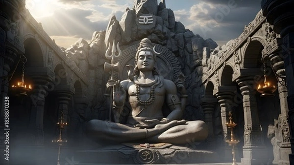 Fototapeta Epic Stone Statue of Lord Shiva in Ancient Temple with Dramatic Lighting and Sacred Atmosphere – Detailed Hindu Architecture, Mystical Spiritual Scene, Divine Meditation Energy
