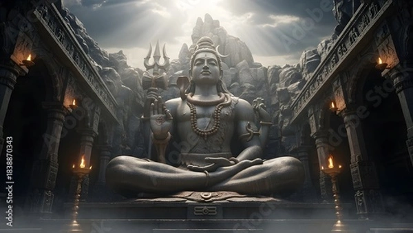 Fototapeta Epic Stone Statue of Lord Shiva in Ancient Temple with Dramatic Lighting and Sacred Atmosphere – Detailed Hindu Architecture, Mystical Spiritual Scene, Divine Meditation Energy