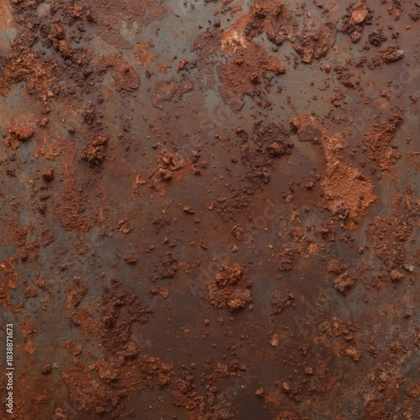 Obraz Rusted iron sheet with deep reddish-brown corrosion, showing natural flakes and rough surface patterns, aged industrial appearance Generative AI