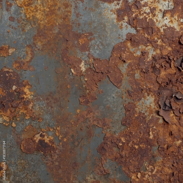Obraz Weathered steel with reddish-brown rust, textured peeling layers, showing realistic corrosion over flat metallic background Generative AI