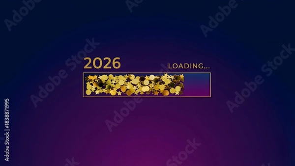 Fototapeta 2026 loading progress with golden confetti on dark background. Perfect for New Year's greetings, event invitations, and digital design projects.