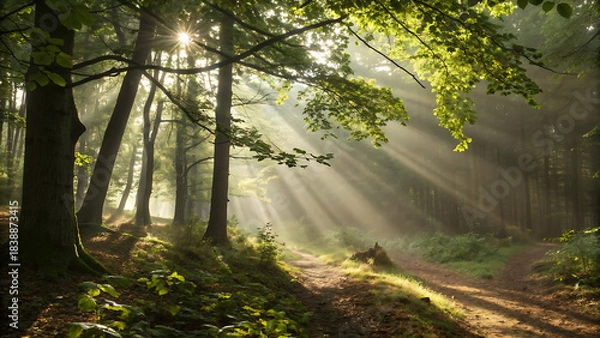 Fototapeta Sunlight beams through misty forest trees on a dirt path