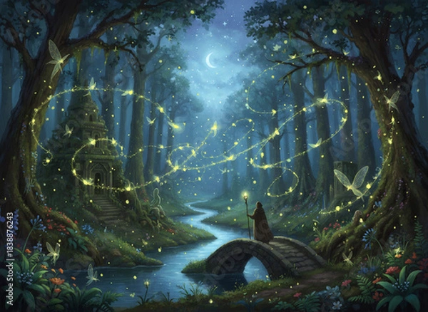 Fototapeta 月明かりに照らされた幻想の森で妖精の光が舞う神秘的な風景