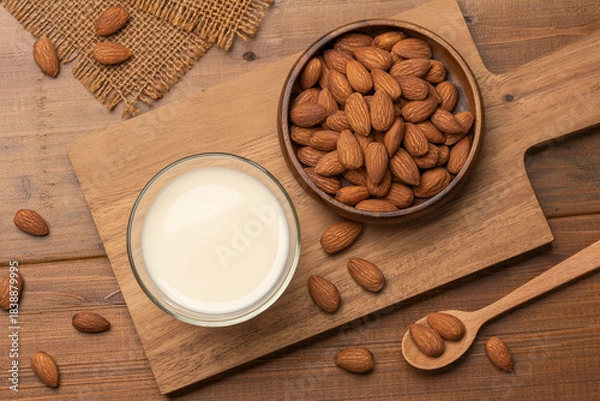 Obraz グラスに入ったアーモンドミルクの俯瞰