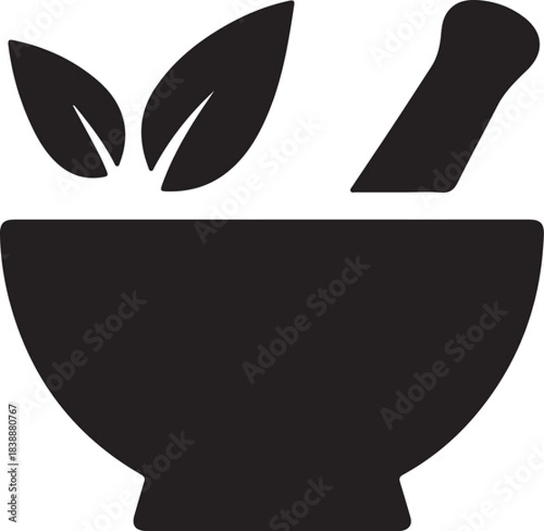 Obraz Mortar and pestle with leaves icon symbolizing natural remedies