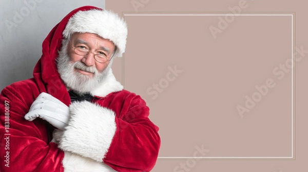 Obraz Santa Claus standing on beige background with copy space