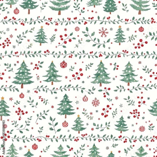 Obraz Charming seamless pattern featuring watercolor Christmas trees holly berries and festive winter holiday decorations on white background