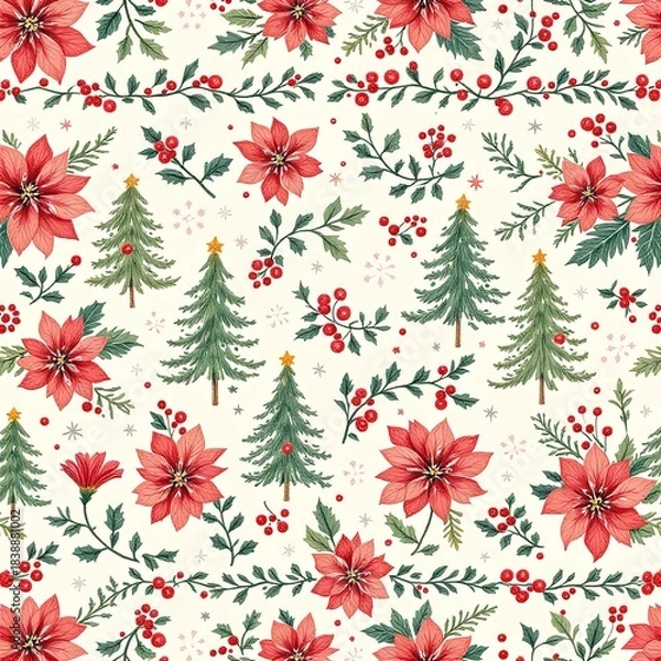 Obraz Festive seamless pattern featuring red poinsettias green pine trees and holly berries on cream background on white background