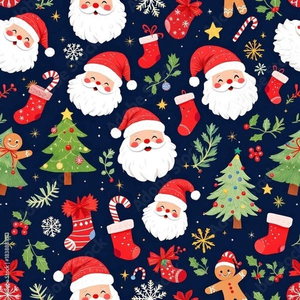 Obraz Seamless festive pattern featuring cheerful Santa faces Christmas trees stockings and gingerbread men on dark blue on white background