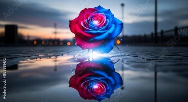 Obraz Bicolor rose reflected in puddle at twilight
