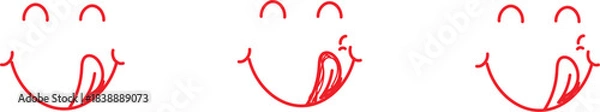 Fototapeta three instances of a hand-drawn doodle or icon depicting a face with a tongue licking its lips, commonly known as a "lip-licking" or "yum" emoji.