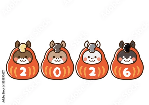 Fototapeta すまして並んだ4体の午のだるま　2026年