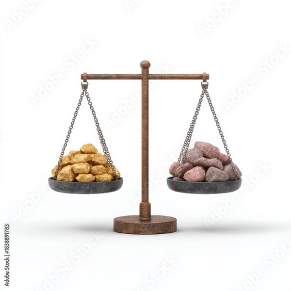 Fototapeta Gold nugget mineral rock balance scale comparison value wealth trade metal geology mining precious stone ore rough texture contrast finance investment market concept choice decision weight measure