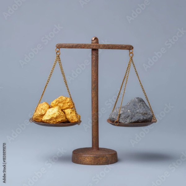 Fototapeta Golden nugget balance scale weighing comparison metal mining investment value economy finance rustic vintage iron chain equilibrium concept choice decision option contrast market asset wealth