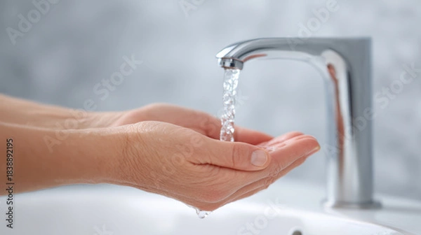 Fototapeta Running water clean hand bathroom sink chrome faucet hygiene flowing stream fresh water handwash routine healthy habit with calm mood
